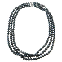 天然淡水真珠のネックレス, 天然有核フレッシュウォーターパール, 真鍮 スライドの留め金, ポテト, 3連, ブラック, 5-6mm, 長さ:18-19 インチ, 売り手 ストランド