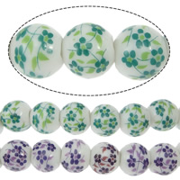 Kunstdruck Porzellan Perlen, rund, mit Blumenmuster, keine, 10x9mm, Bohrung:ca. 1.2mm, Länge:ca. 13 ZollInch, 35PCs/Strang, verkauft von Strang