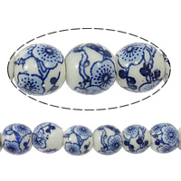 Blaue und weiße Porzellan Perlen, rund, Kunstdruck, mit Blumenmuster, 8mm, Bohrung:ca. 2mm, Länge:ca. 15.5 ZollInch, 50PCs/Strang, verkauft von Strang