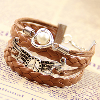 Combined Bracelet, PU Leather, heart & wing, with Wax Cord & Glass Pearl & Zinc Alloy, antique silver color plated, coffee color, lead & cadmium free, 60mm Approx 6-7.8 Inch 