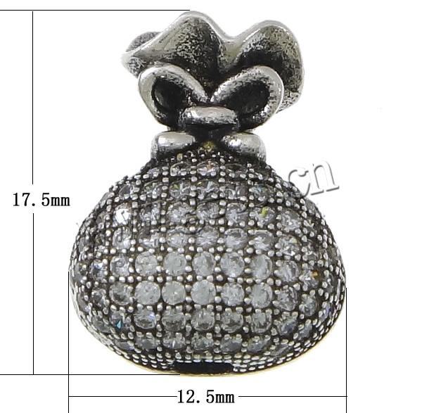 Cubic Zirconia Micro Pave Brass Beads, Money Bag, plated, micro pave cubic zirconia & hollow & blacken, more colors for choice, 12.5x17.5x7mm, Hole:Approx 3mm, Sold By PC