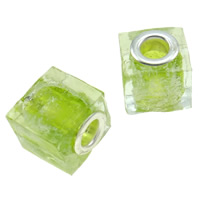 Двойные стеклянные бусы покрытой серебром, Лэмпворк, Куб, плакированный цветом под старое серебро, медно никель двойной трубы без винтовой, зеленый отверстие:Приблизительно 5mm, продается PC