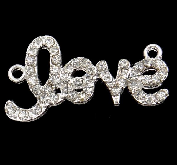 Rhinestone Zinc Alloy Connector, Letter, word love, plated, Customized & with rhinestone & 1/1 loop, more colors for choice, 34x18x2.5mm, Hole:Approx 2.5mm, Sold By PC