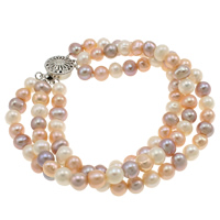 Bracelets de perles, perle d'eau douce cultivée, laiton Fermoir à cliquet, naturel, 3 brins, 6-7mm .5 pouce, Vendu par brin