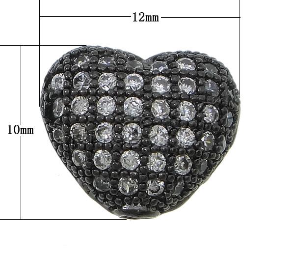 Cubic Zirconia Micro Pave Brass Beads, Heart, plated, micro pave cubic zirconia & hollow, more colors for choice, 12x10x6mm, Hole:Approx 1.8mm, Sold By PC