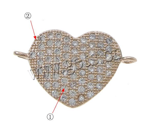 Cubic Zirconia Micro Pave Brass Connector, Heart, plated, micro pave cubic zirconia & 1/1 loop, more colors for choice, 21x14x2mm, Hole:Approx 1.5mm, Sold By PC
