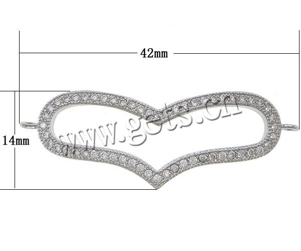 Cubic Zirconia Micro Pave Brass Connector, Heart, plated, micro pave cubic zirconia & 1/1 loop, more colors for choice, 42x14x2mm, Hole:Approx 1.5mm, Sold By PC