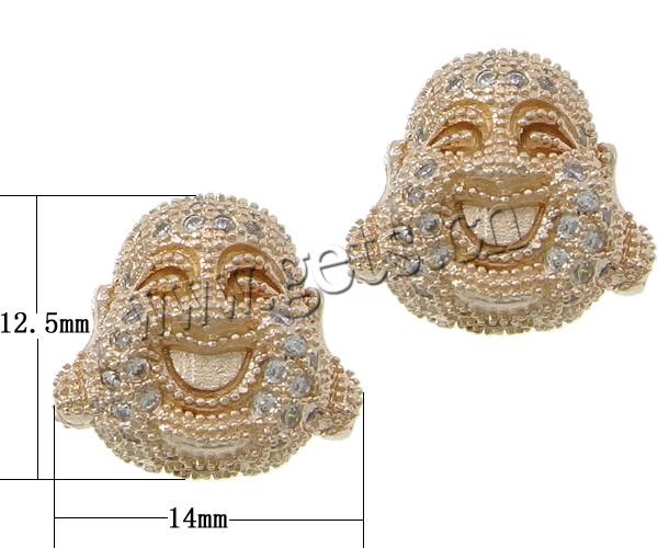 Cubic Zirconia Micro Pave Brass Beads, Buddha, plated, micro pave 104 pcs cubic zirconia, more colors for choice, 14x12.5x4mm, Hole:Approx 3mm, Sold By PC