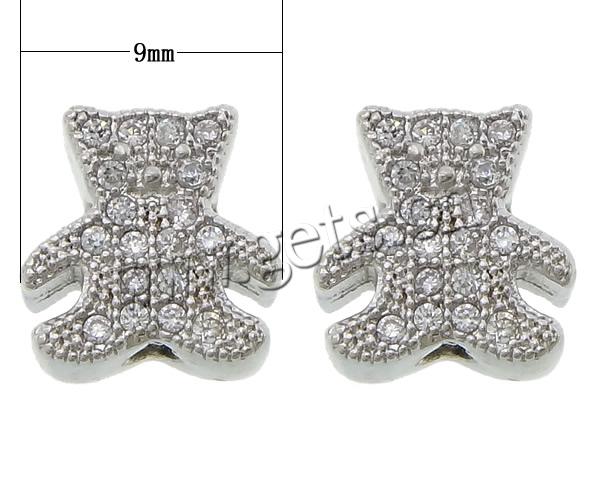 Cubic Zirconia Micro Pave Brass Beads, Bear, plated, micro pave cubic zirconia, more colors for choice, 9x9x4mm, Hole:Approx 1.8mm, Sold By PC