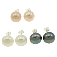 Freshwater Pearl Stud Earring, brass post pin, mixed colors, 11-12mm 