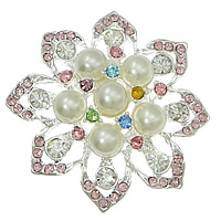 Zinc Alloy Brooch Finding, with Glass Pearl & Rhinestone, Flower, plated 
