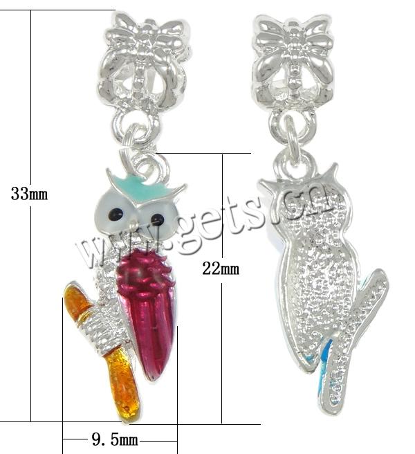 Zinc Alloy European Pendants, Owl, plated, Customized & enamel, more colors for choice, nickel, lead & cadmium free, 9.5x22x3mm,33mm, Hole:Approx 5mm, 200PCs/Lot, Sold By Lot