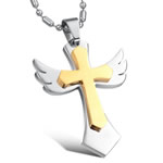 316L Stainless Steel Necklace, Angel Wing Cross, plated, ball chain & two tone Approx 21.5 Inch 