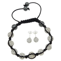 Fashion Woven Ball Jewelry Sets, Rhinestone Clay Pave Bead, bracelet & earring, with Wax Cord & Hematite 10mm, 8mm Approx 7-11 Inch 