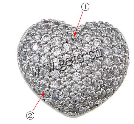 Cubic Zirconia Micro Pave Brass Beads, Heart, plated, micro pave cubic zirconia, more colors for choice, 14.8x12.8x9.2mm, Hole:Approx 1.2x3mm, Sold By PC