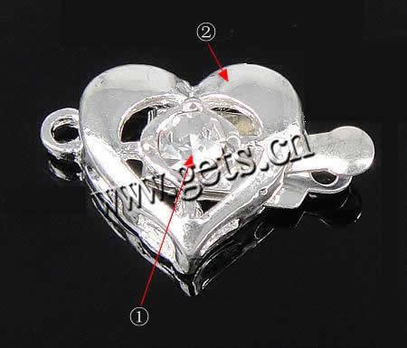 Zinc Alloy Box Clasp, Heart, plated, with rhinestone & single-strand, more colors for choice, nickel, lead & cadmium free, 12x11x6mm, Hole:Approx 1.5mm, Sold By PC