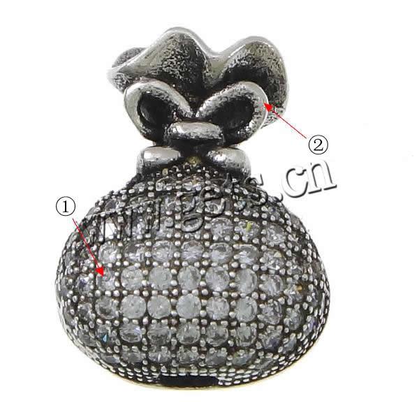 Cubic Zirconia Micro Pave Brass Beads, Money Bag, plated, micro pave cubic zirconia & hollow & blacken, more colors for choice, 12.5x17.5x7mm, Hole:Approx 3mm, Sold By PC