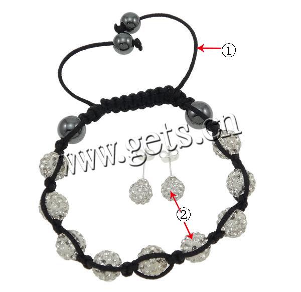 Fashion Woven Ball Jewelry Sets, Rhinestone Clay Pave Bead, bracelet & earring, with Wax Cord & Hematite, more colors for choice, 10mm, 8mm, Length:Approx 7-11 Inch, Sold By Set