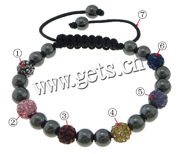 Hematite Woven Ball Bracelets, Waxed Cotton Cord, with Rhinestone Clay Pave Bead & Hematite, with 40 pcs rhinestone & adjustable, more colors for choice, 7mm, 8mm, 8mm, Length:Approx 7-11 Inch, Sold By Strand