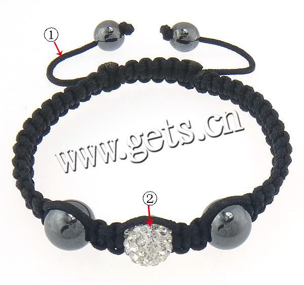 Hematite Woven Ball Bracelets, Waxed Cotton Cord, with Rhinestone Clay Pave Bead & Hematite, with 50 pcs rhinestone & adjustable, more colors for choice, 10mm, 8mm, Length:Approx 10 Inch, Sold By Strand