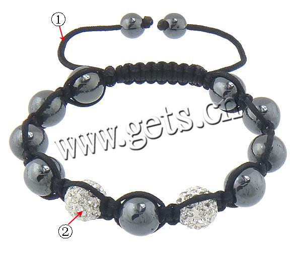 Hematite Woven Ball Bracelets, Waxed Cotton Cord, with Rhinestone Clay Pave Bead & Hematite, with 55 pcs rhinestone & adjustable, more colors for choice, 10mm, 8mm, Length:Approx 12 Inch, Sold By Strand
