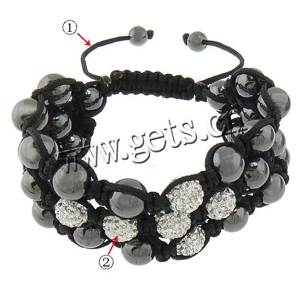 Hematite Woven Ball Bracelets, Nylon Cord, with Rhinestone Clay Pave Bead & Hematite, with 50 pcs rhinestone & adjustable, more colors for choice, 10mm, 10mm, 8mm, Length:Approx 7-12 Inch, Sold By Strand