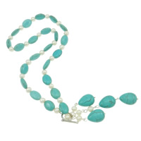 Turquoise Freshwater Pearl Necklace, with Natural Turquoise, brass toggle clasp, single-strand  6--7mm Inch 