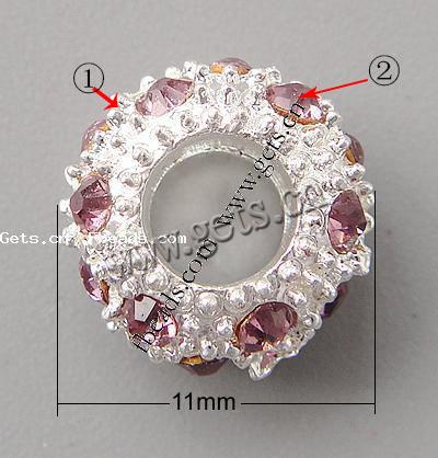 Rhinestone European Beads, with Zinc Alloy, Rondelle, plated, with A grade rhinestone, more colors for choice, cadmium free, 11x6mm, Hole:Approx 5mm, Sold By PC