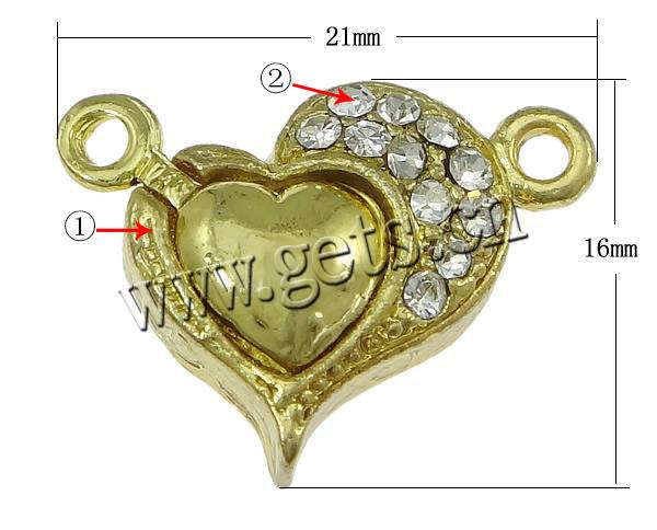 Cierre Magnético de Aleación de Zinc, Corazón, chapado, con diamantes de imitación & sarta sola, más colores para la opción, libre de níquel, plomo & cadmio, 21x16x6mm, agujero:aproximado 2mm, Vendido por UD