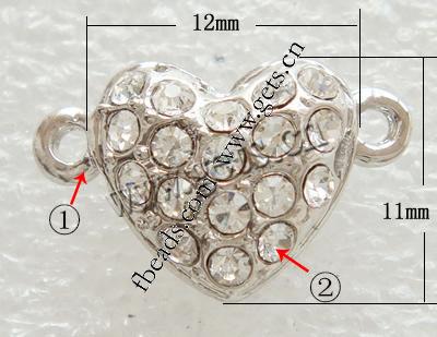 Cierre Magnético de Aleación de Zinc, Corazón, chapado, enchapado grueso más que los 3μm & con diamantes de imitación & sarta sola, más colores para la opción, 12x11x7.5mm, agujero:aproximado 1.5mm, Vendido por UD