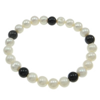 Freshwater Pearl Bracelet, with Black Agate, 7-8mm,8mm .5 Inch 