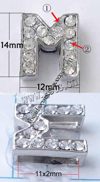 Zinc Alloy Letter Slide Charm, Letter M, plated, with Mideast rhinestone, more colors for choice, nickel, lead & cadmium free, Grade A, 14x12mm, Hole:Approx 11x2mm, Sold By PC