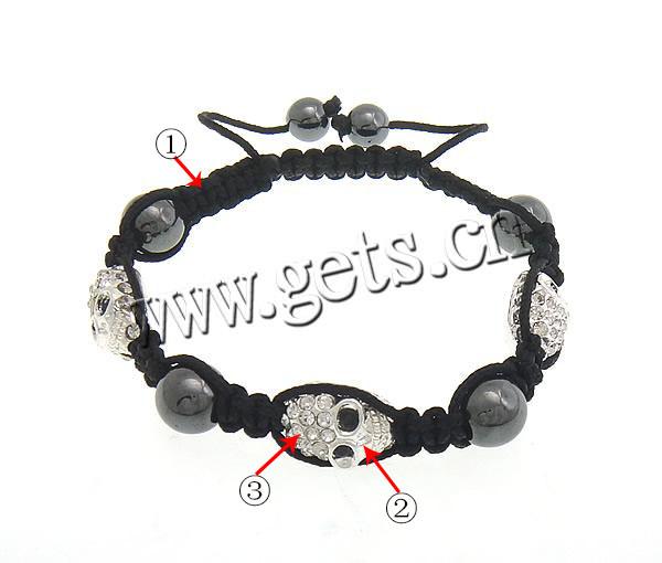 Zinc Alloy Woven Ball Bracelets, with Nylon Cord & Hematite, handmade, with A grade rhinestone, 10.5x15x8mm, 8mm, 10mm, Length:Approx 6-10 Inch, Sold By Strand
