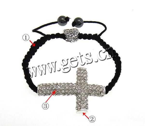 Zinc Alloy Woven Ball Bracelets, with Wax Cord & Hematite, Cross, handmade, with A grade rhinestone, more colors for choice, 40x28x6.5mm, 8mm, 11.5x12x8mm, Length:Approx 5-10 Inch, Sold By Strand
