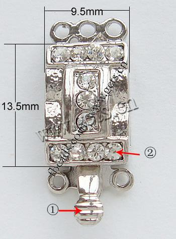 Cierre de Aleación de Zinc para Caja, Rectángular, chapado, 3-aro & con diamantes de imitación de Mideast, más colores para la opción, libre de níquel, plomo & cadmio, 9.5x13.5mm, agujero:aproximado 1.5mm, Vendido por UD