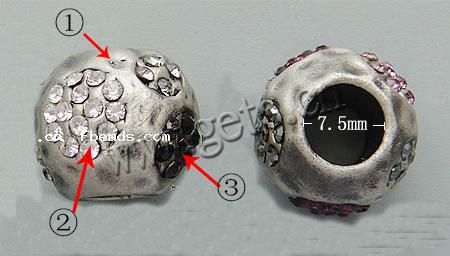 Perles European de stras d'alliage de Zinc , rondelle, Placage, sans filetage & avec strass, plus de couleurs à choisir, 17x14mm, Trou:Environ 7.5mm, Vendu par PC