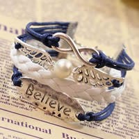 Combined Bracelet, PU Leather, motto & wing & infinity, with Waxed Cotton Cord & Plastic Pearl & Zinc Alloy, word believe, antique silver color plated , blue, lead & cadmium free, 60mm .8 Inch 