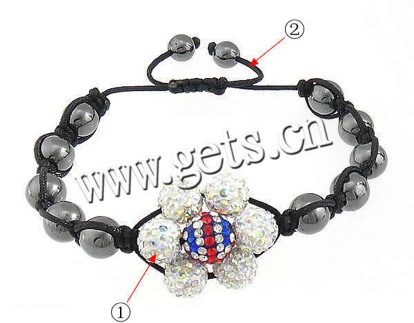 Hematite Woven Ball Bracelets, Nylon Cord, with Rhinestone Clay Pave Bead & Hematite, with 55 pcs rhinestone & with 98 pcs rhinestone & adjustable, more colors for choice, 11mm, 10mm, 9.5mm, Length:Approx 7-11 Inch, Sold By Strand