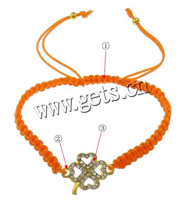 Zinc Alloy Woven Ball Bracelets, with Nylon Cord & Brass, Four Leaf Clover, plated, Customized & with rhinestone, more colors for choice, 21x16x2.5mm, 4mm, 5mm, Length:6-10 Inch, Sold By Strand