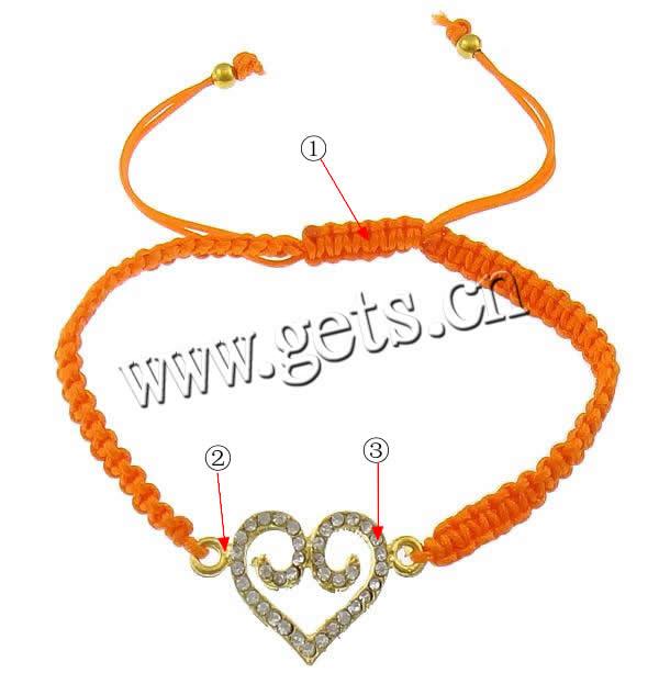 Zinc Alloy Woven Ball Bracelets, with Nylon Cord & Brass, Heart, plated, Customized & with rhinestone, more colors for choice, 28x18x3mm, 4mm, 5mm, Length:6-10 Inch, Sold By Strand