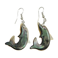 Black Shell Earring, with Brass, Dolphin, platinum color plated 