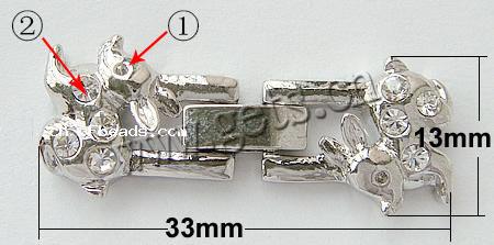 En alliage de zinc montre fermoir de la chaîne, animal, Placage, avec strass, plus de couleurs à choisir, protéger l'environnement, sans nickel, plomb et cadmium, 33x13x4mm, Trou:Environ 0.5mm, Vendu par PC