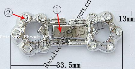 Zink Legierung Uhren Armband Verschluss, Zinklegierung, Blume, plattiert, mit Strass, keine, frei von Nickel, Blei & Kadmium, 33.5x13x4mm, Bohrung:ca. 1mm, verkauft von PC