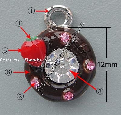Zinc Alloy Food Pendant, Donut, plated, enamel & with rhinestone, more colors for choice, nickel, lead & cadmium free, 12x12x7mm, Hole:Approx 2.2mm, Sold By PC