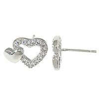 Cubic Zirconia Micro Pave Sterling Silver Earring, 925 Sterling Silver, Heart, plated, without earnut & micro pave cubic zirconia 0.8mm 