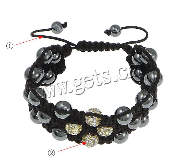 Non Magnetic Hematite Woven Ball Bracelets, with Rhinestone Clay Pave Bead & Nylon Cord, with 55 pcs rhinestone & adjustable, more colors for choice, 10mm, 8mm, Length:8-12 Inch, Sold By Strand