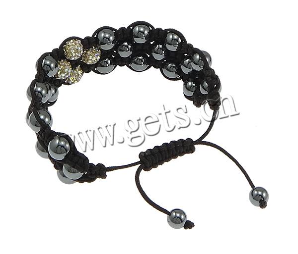 Non Magnetic Hematite Woven Ball Bracelets, with Rhinestone Clay Pave Bead & Nylon Cord, with 55 pcs rhinestone & adjustable, more colors for choice, 10mm, 8mm, Length:8-12 Inch, Sold By Strand
