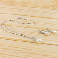 Conjunto de joya de perla de agua dulce de latón, metal, pendiente & collar, con cadena de latón & Perlas cultivadas de agua dulce, latón cierre, 25x10.5mm, 25x7mm, longitud:17 Inch, Vendido por Set
