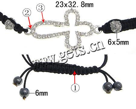 Zinc Alloy Woven Ball Bracelets, with Wax Cord & Hematite, Cross, handmade, Customized & with A grade rhinestone, more colors for choice, 23x32.8mm, 6x5mm, 6mm, Length:Approx 6-10 Inch, Sold By Strand