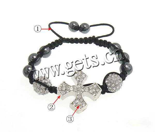 Zinc Alloy Woven Ball Bracelets, with Wax Cord & Hematite, Cross, handmade, with A grade rhinestone, more colors for choice, 25x25x5mm, 10mm, 8mm, Length:Approx 5-10 Inch, Sold By Strand